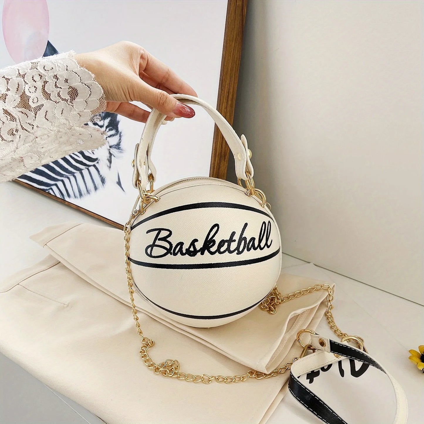 Basketball Shaped Crossbody Bag, Trendy Y2K Chain Shoulder Bag