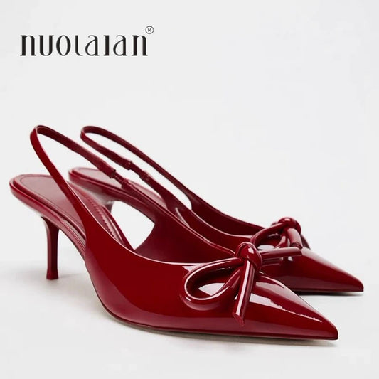 High Heels Women Weddings Bridal Shoes Bow Shallow Pointed Toe  Slingback Heels