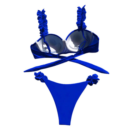 Black Red Push Up Bikinis Sets Ruffled Straps Swimwear Micro Thong Sexy Swimsuit Women Back Bow Bathing Suit