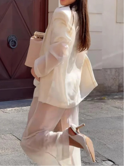 Sexy See Through Silk Set Women Elegant Blazer Coat Loose Shirt Wide-leg Pants