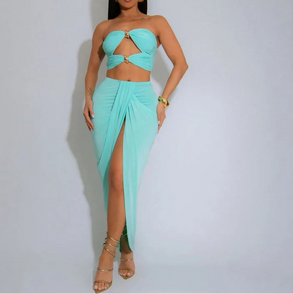 Hollow Metal Buckle 2 Piece Set Resort Wear Women Y2K Split Maxi Skirt Matching Clubwear Outfits