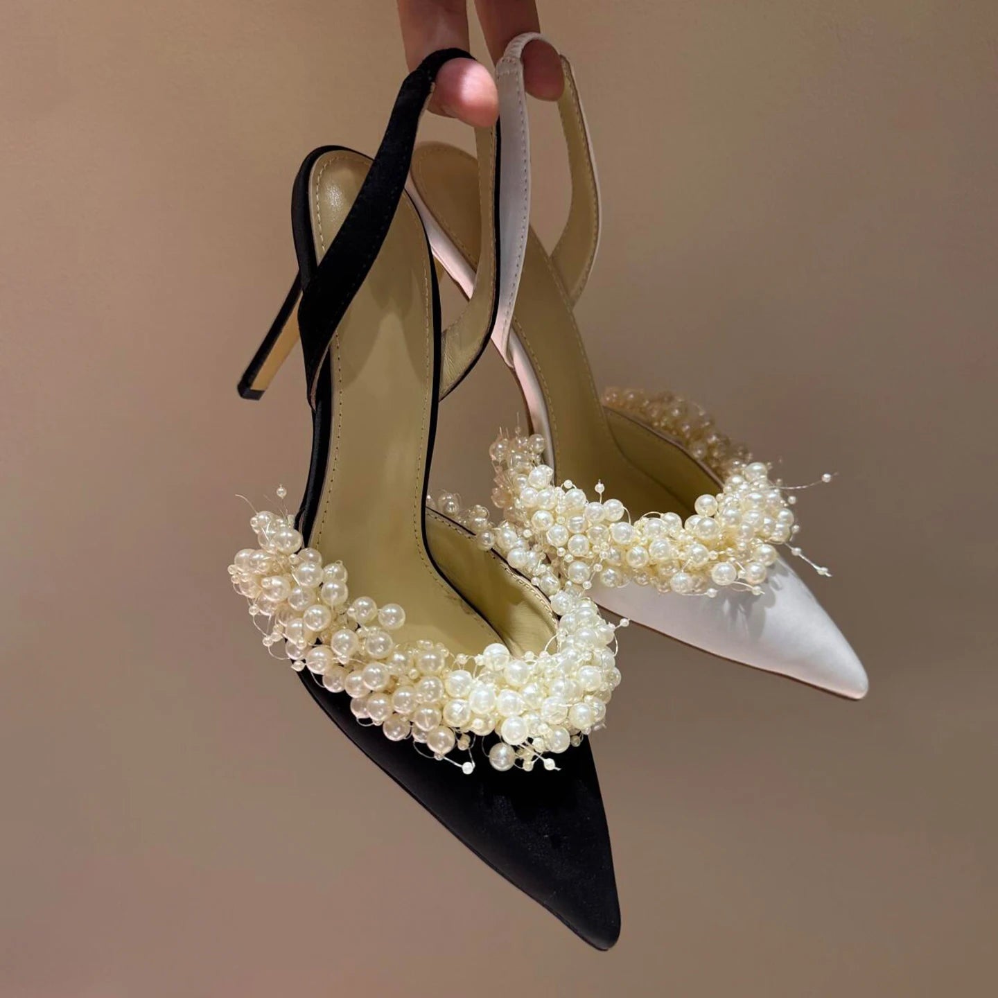 Women's New Pointed Head Shallow Mouth Rear Strap Stiletto Pearl High Heels