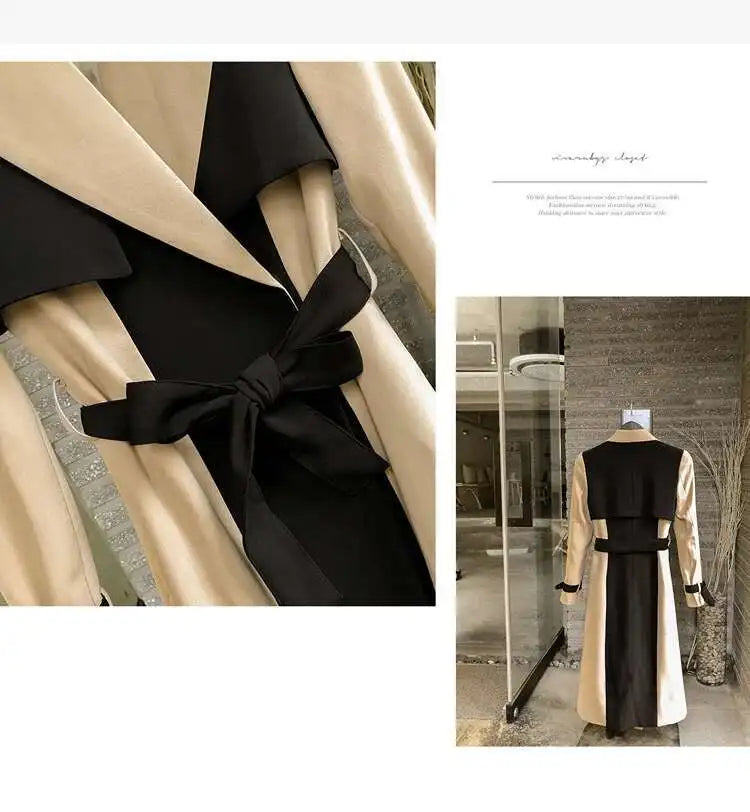Contrast Full Sleeve Buttons Belted Women Long Trench Coats