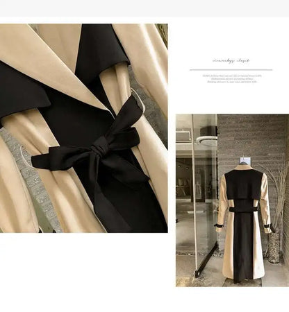 Contrast Full Sleeve Buttons Belted Women Long Trench Coats