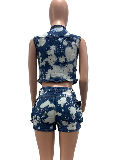 Printed Blue Denim Two 2 Pieces Women's Set Sleeveless Zipper Jacket Crop and Shorts