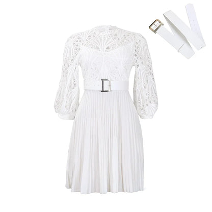 Elegant Dresses for Women O Neck Three Quarter Sleeve Belt Waisted Lace Patchwork Knee Length Luxury Female Birthday Party Dress