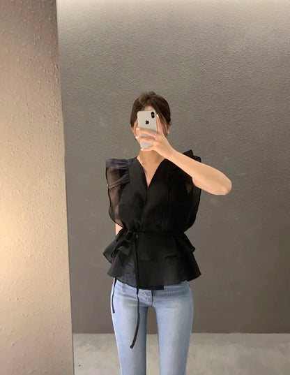 Lace Up Top Ruffled V-neck Sleeveless Shirts Blouse for Women