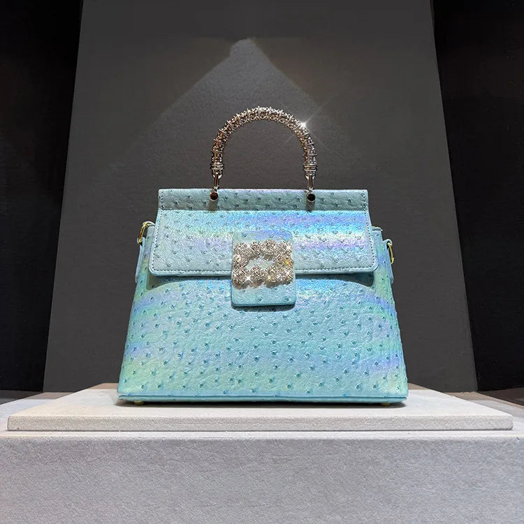 Ostrich Pattern Leather Women's Handbags Diamond-encrusted Shell Bag