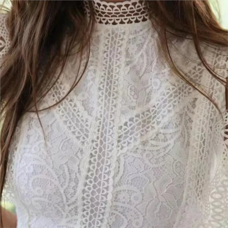 Women's Tank Blouses Hollow Black White Geometric Pattern Women Lace Chiffon Top