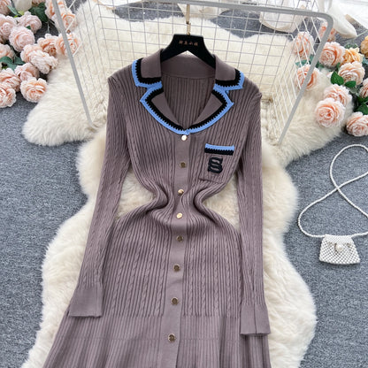 Women Polo Dress Single Breasted Pocket Design Bodycon Knitted Dress Sweater Midi Dress