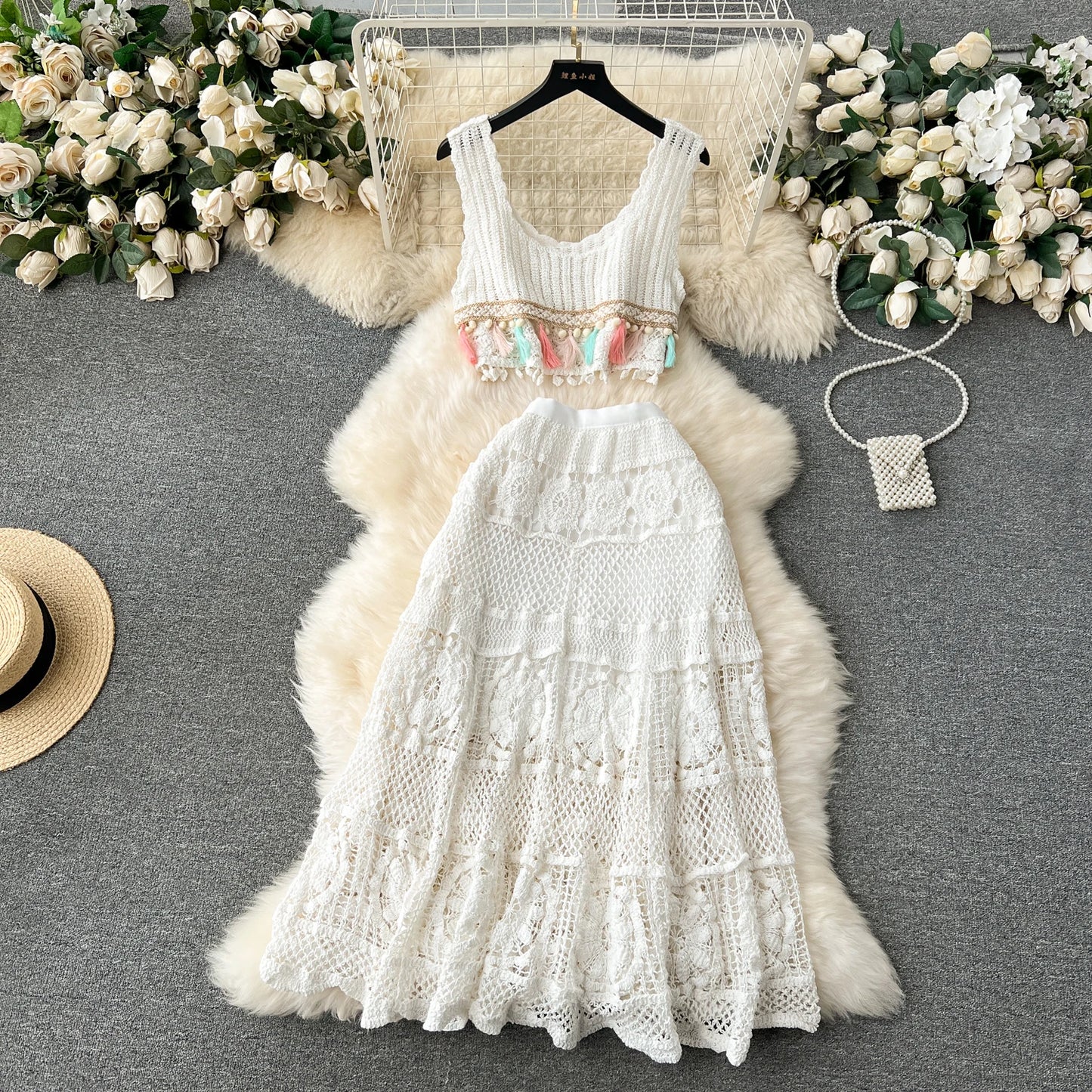 Bohemian Vintage Knit Two Piece Tank Tassels Crop Tops+Loose Hooked Hollow Out Skirt Beach Outfit