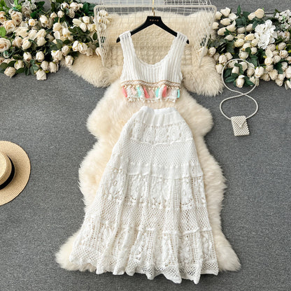 Bohemian Vintage Knit Two Piece Tank Tassels Crop Tops+Loose Hooked Hollow Out Skirt Beach Outfit