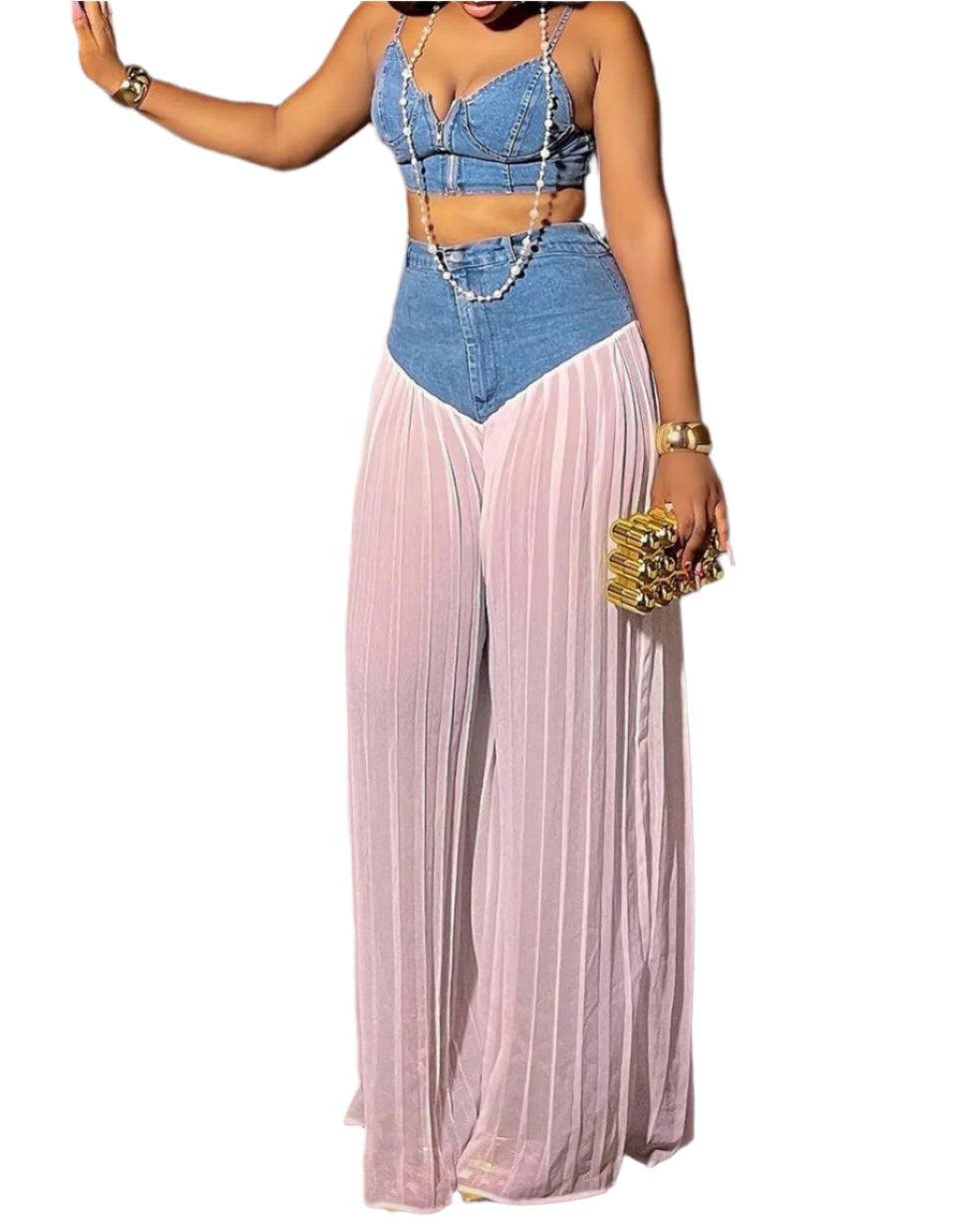 2 Piece Sets Women Sexy Denim Camisole Pleated Wide Leg Pants + Vest Floor Length Suit Summer