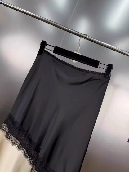 Sexy Asymmetrical Long Skirts Lace Hem Satin Skirt for Women
