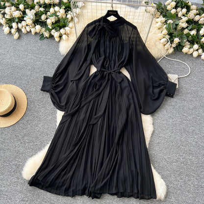 Women Elegant Long Flare Sleeves Vintage Bow neck Bow Loose Midi Dress