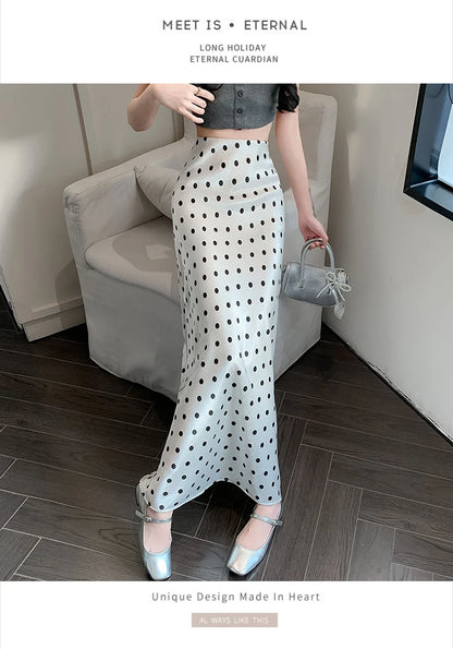 Polka Dot Satin Skirt Women's High Waist Versatile Elegant Dot Long Skirt