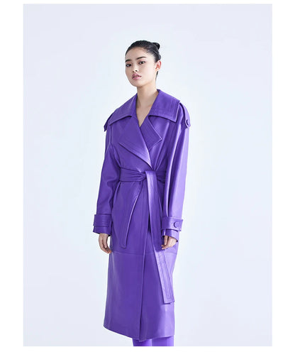 Elegant Purple Colored Faux Leather Trench Coat for Women Sashes Runway Coat