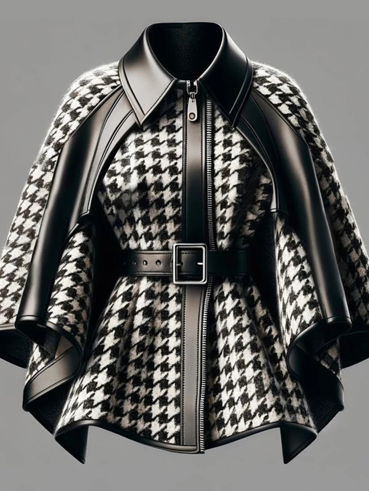 Houndstooth Pattern Women's Jacket Asymmetrical Cape Sleeves Jacket