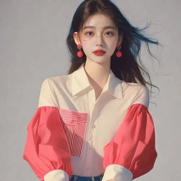 Unique Bubble Sleeve Short Sleeved Shirt for Women Patchwork Long Sleeved Top