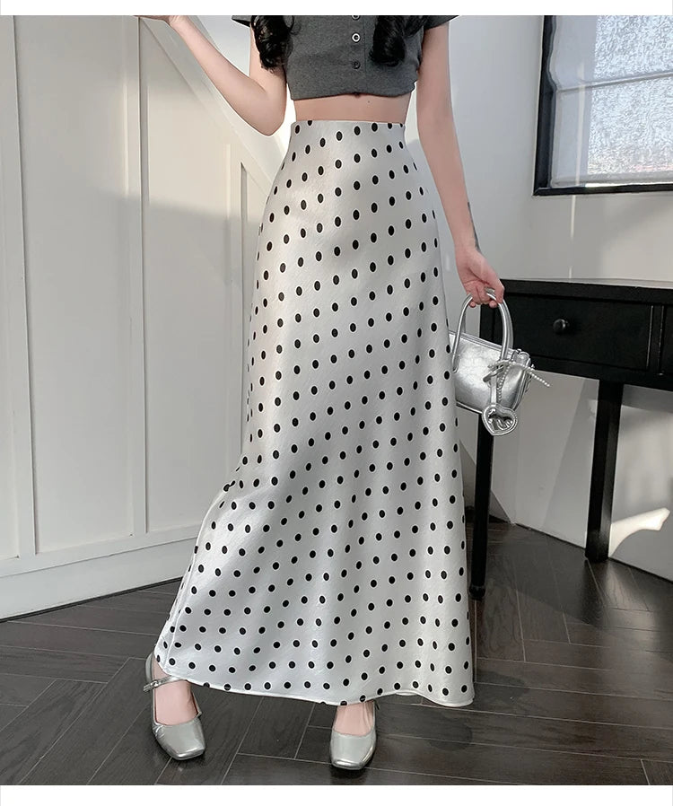 Polka Dot Satin Skirt Women's High Waist Versatile Elegant Dot Long Skirt