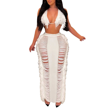 Sexy Elegant Hollow Out Knitted Tassel Wrap Hip Skirt Suit Women Vacation Beach 2 Piece Sets