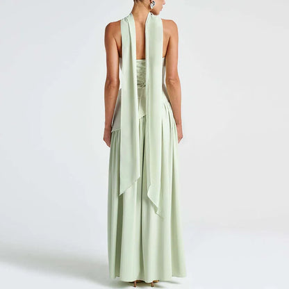 Elegant Strapless Scarf Neck Pleated Dress Woman Sexy Slim Solid Backless Evening Dress