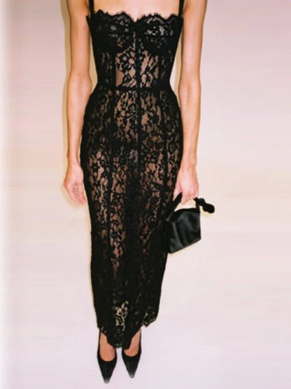 Sexy Spaghetti Strap Square Neck Lace Long Dress Women Black Floral Lace Bodycon Dress