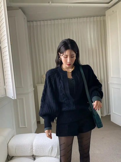 Chic Fried Dough Twists Pattern Pullover Loose Lantern Sleeve Knit Sweater