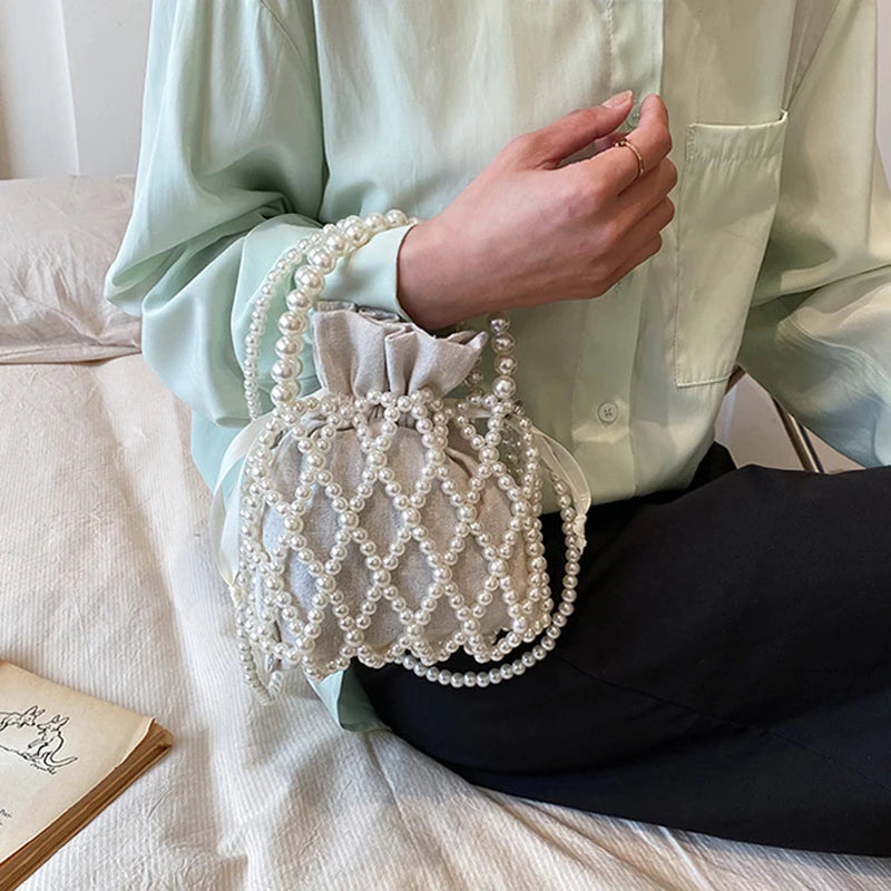 Luxury Pearl Women Bucket Tote Bag Woven Pearl Crossbody Bags for Women Small Wallet
