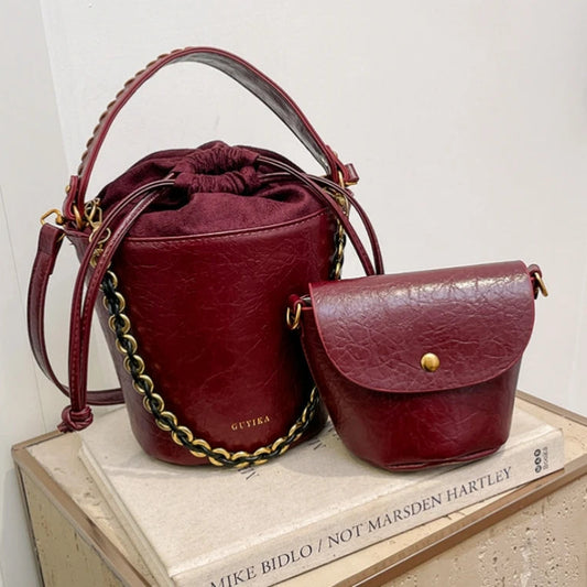 Retro Bucket Crossbody Bags For Women Oil-waxed Leather 2-IN-1 Chain Shoulder Bag