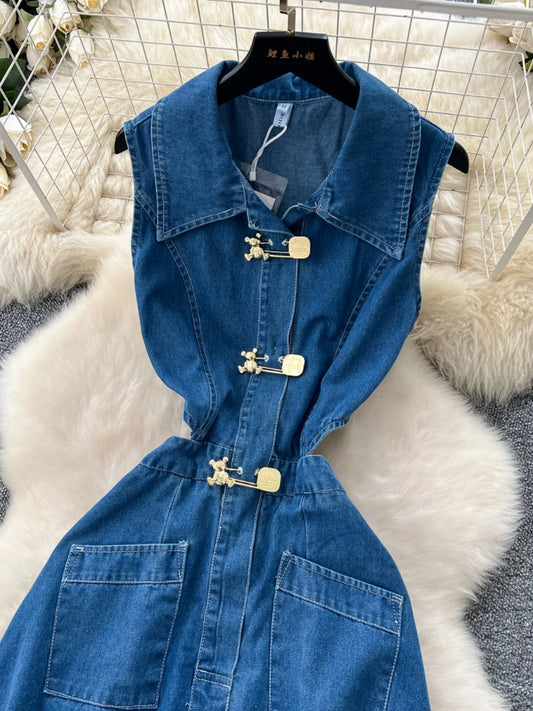 High Waist Elegant Mid-length Denim Dress Hollow Out Hong Kong Style Dress