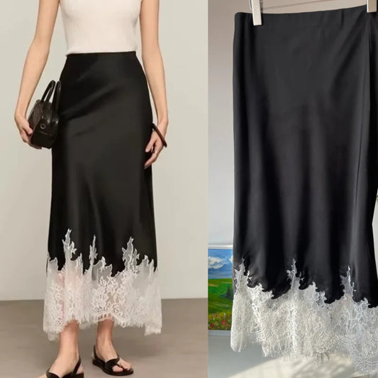 Fairy Lace-Trim Satin Midi Skirt High Waist Elegant Wrapped Hip Long Skirts