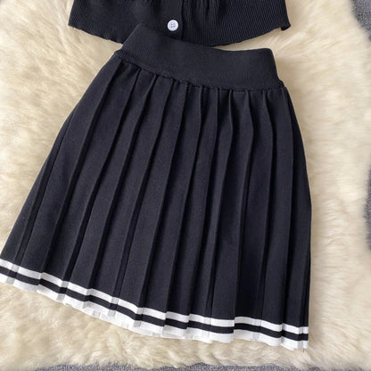 Mini Skirt Set Women Two Piece Sets Polo Collar Knit Shirt Tops Skirt Sets Casual Y2k