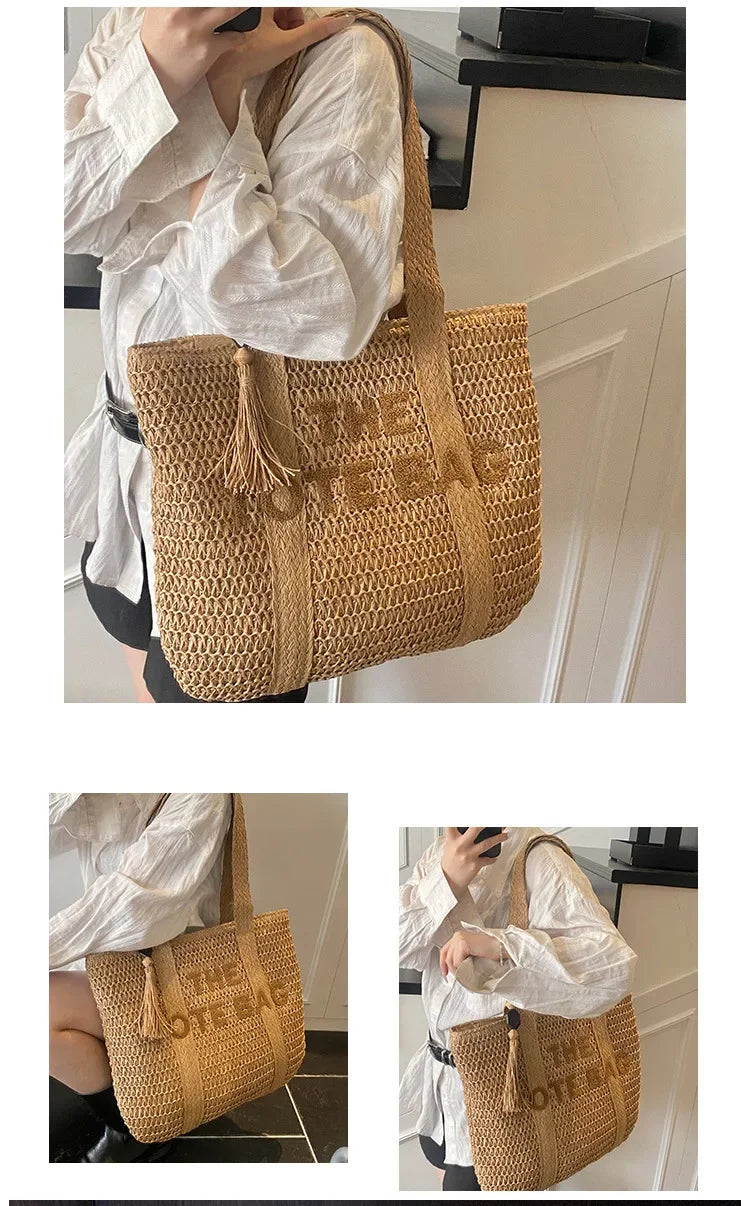 Women's Large Capacity Shoulder Bag Straw Woven Bag Letter Embroidery Handbag