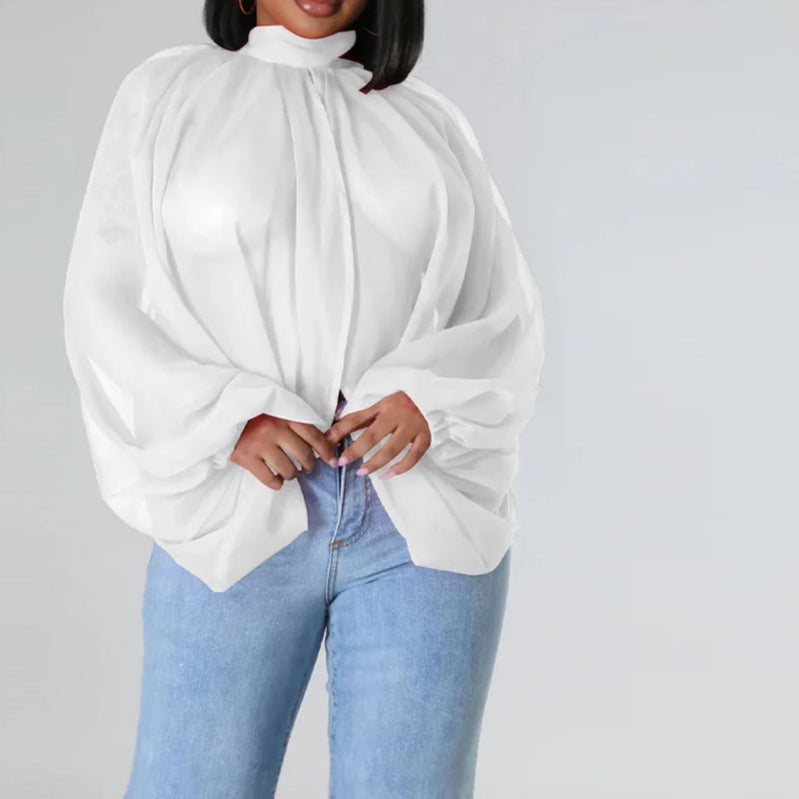 Womens Chiffon Blouse Sexy See Through Lantern Sleeve Front Back Open High Neck Blouses Tops