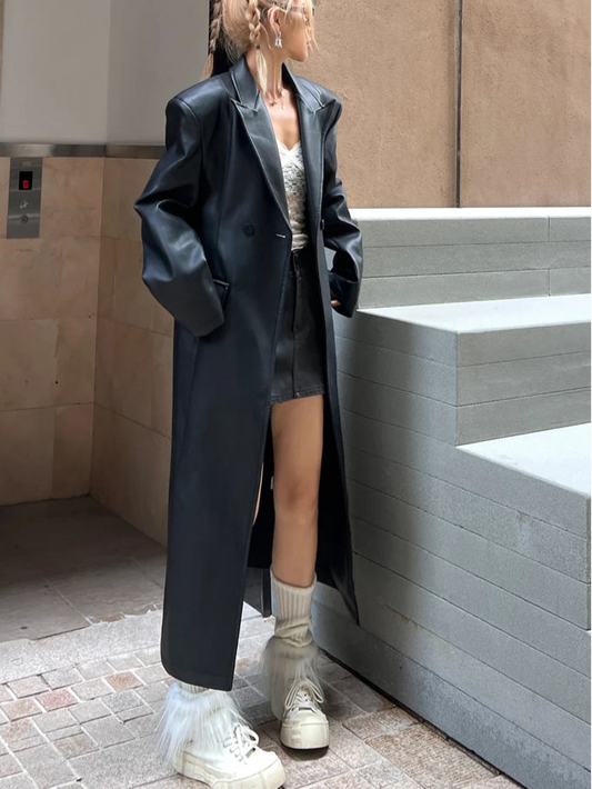 Autumn Extra Long Black Trench Coat for Women Shoulder Pads Faux Leather Blazer