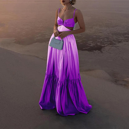Gradient Color Hollowed Out Pleated Long Big Swing Maxi Dress Sun Dress