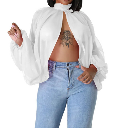 Womens Chiffon Blouse Sexy See Through Lantern Sleeve Front Back Open High Neck Blouses Tops