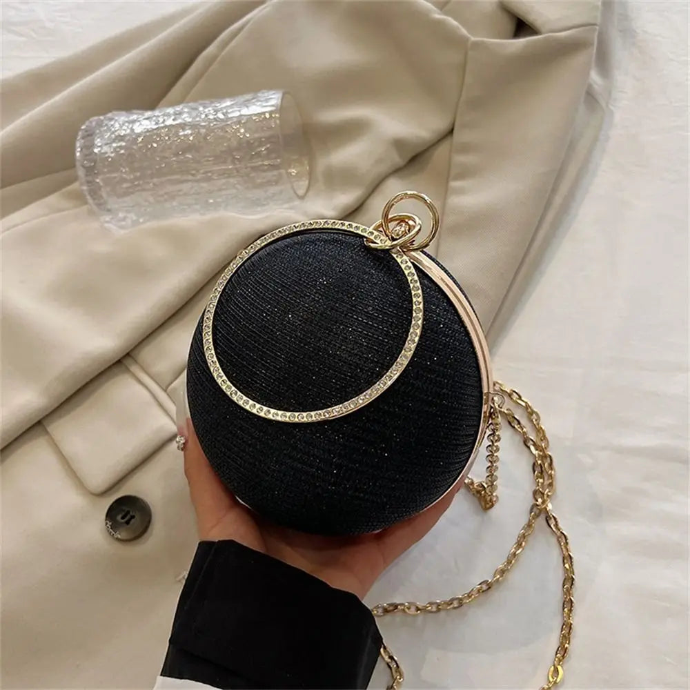Gold Bright Silk Circular Evening Bag Women Banquet Clutch Rhinestone Chain Shoulder Bags