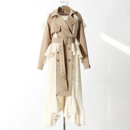Lace Patchwork Trench Coat Women's Lapel Loose Double Breasted Windbreaker