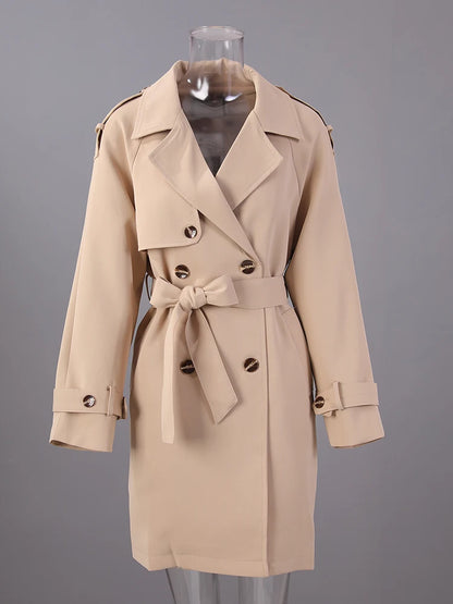 Women Khaki Pleated Elegant Trench New Lapel Long Sleeve Windbreaker Trench Coat
