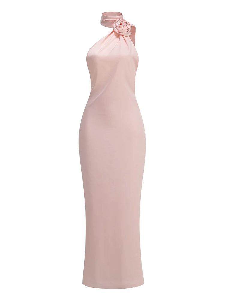 Bridesmaids Neck 3D Flower Backless Long Dress Women Purple Sleeveless Ribbon Draped Maxi Dress