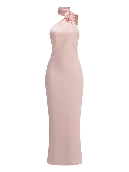 Bridesmaids Neck 3D Flower Backless Long Dress Women Purple Sleeveless Ribbon Draped Maxi Dress