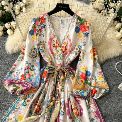 Elegant Vintage Luxury Evening Dress Women Print Sashes Button Short Party Dress Female Casual Holiday Clothing