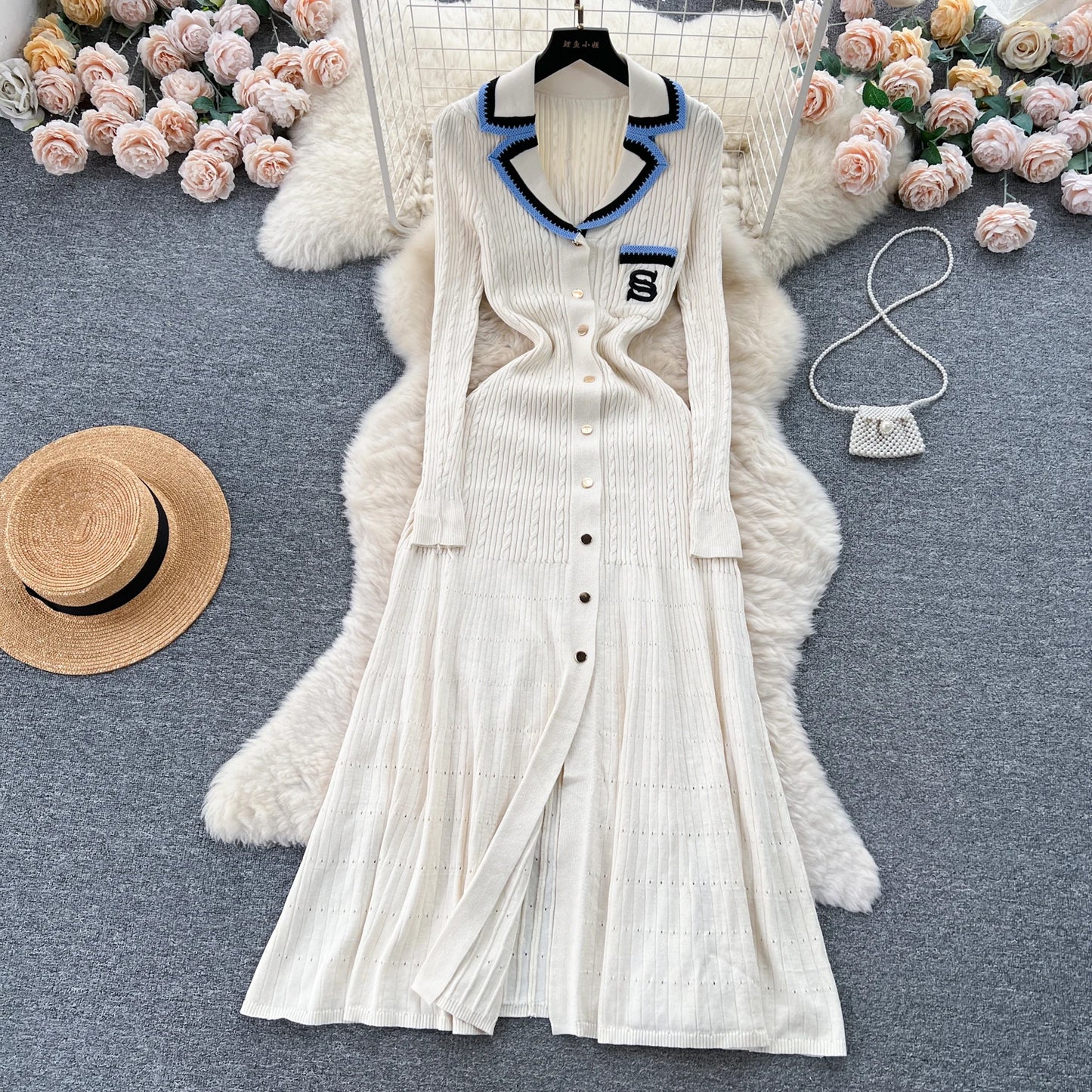 Women Polo Dress Single Breasted Pocket Design Bodycon Knitted Dress Sweater Midi Dress