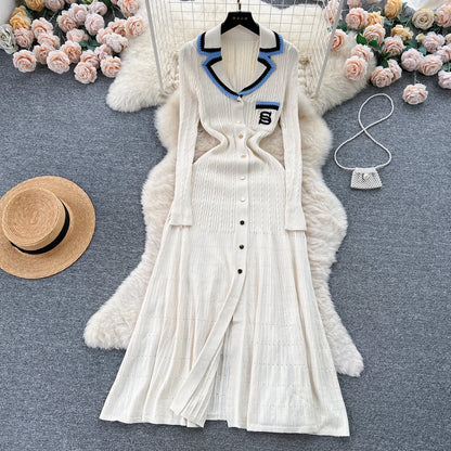 Women Polo Dress Single Breasted Pocket Design Bodycon Knitted Dress Sweater Midi Dress