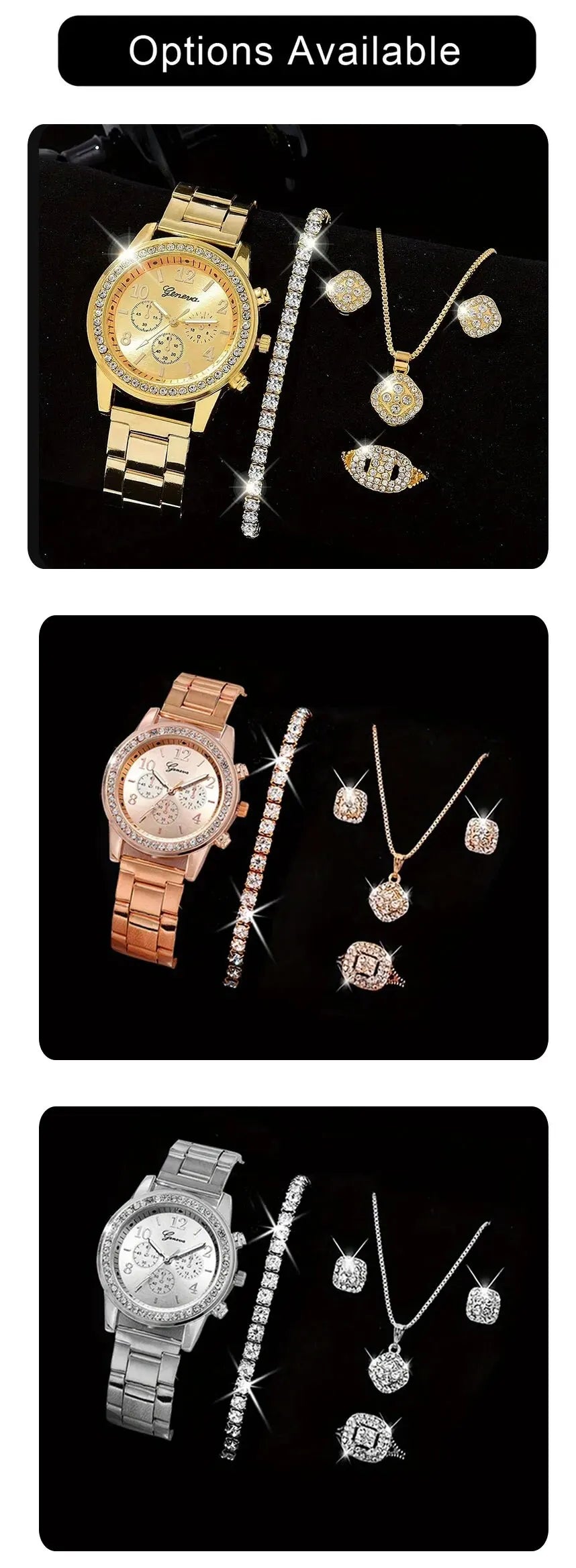 5 PCS Set Gold Watch Women Luxury Ring Necklace Earrings Rhinestone Fashion Wristwatch