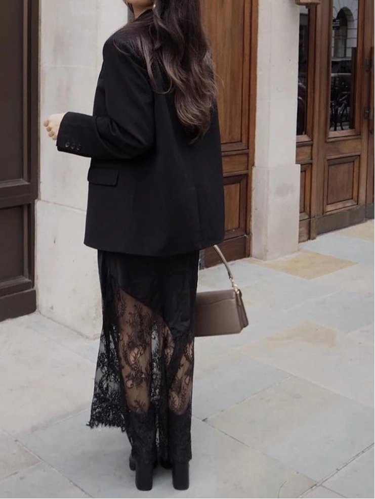 Loose Black Satin Lace Hem Skirt Casual High Waist Ankle Length Skirt