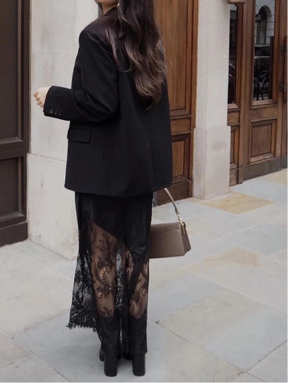 Loose Black Satin Lace Hem Skirt Casual High Waist Ankle Length Skirt