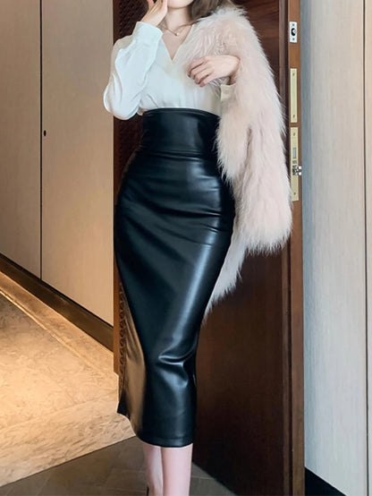 Midi Black Soft Pu Leather Pencil Skirt Women Back Slit Belt High Waist Office Skirts